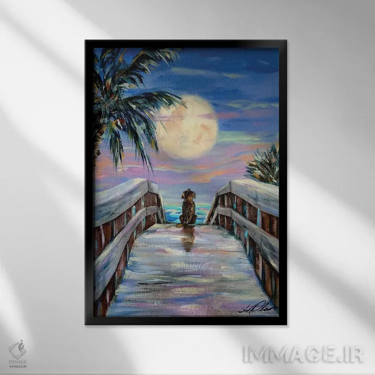 تابلو دکوراتیو "سگ و ماه" اثر لیندا اولسن - نمای قابدار مشکی