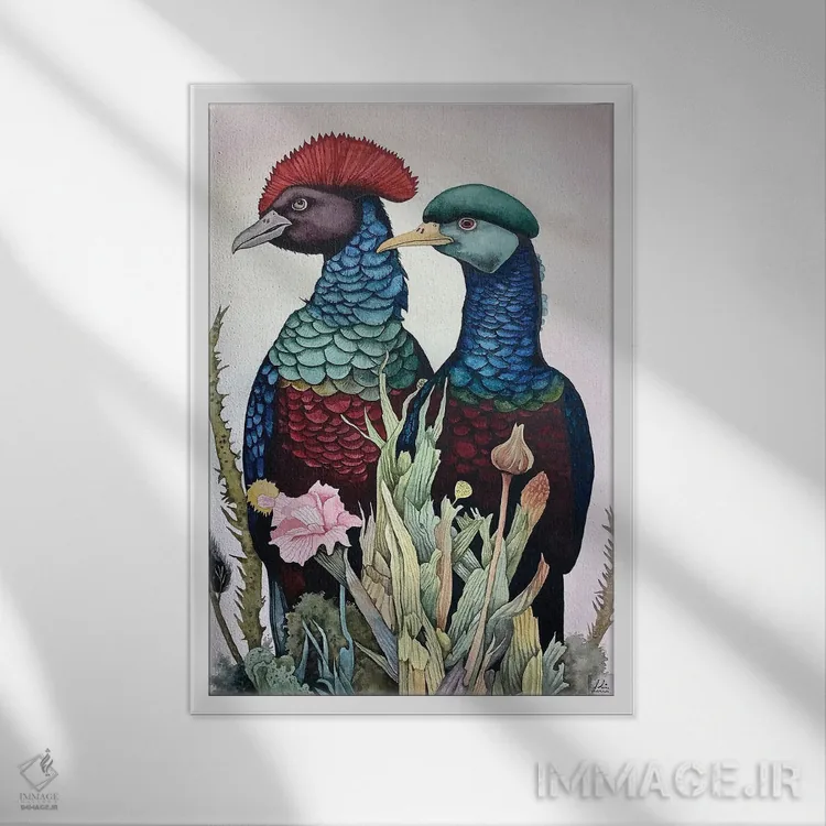 تابلو دکوراتیو "پرندگان تاج دار قرمز و آبی" اثر لیزا لنون - نمای قابدار سفید