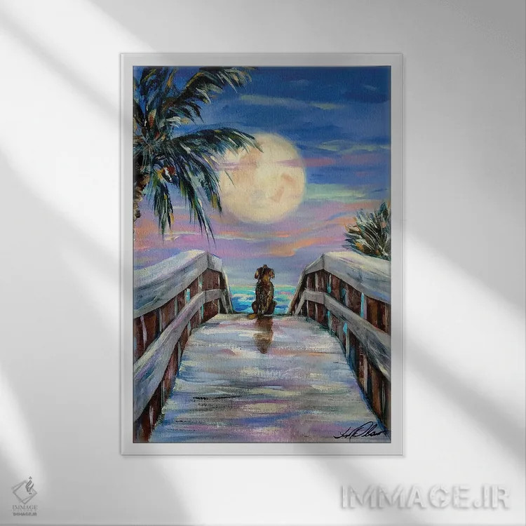 تابلو دکوراتیو "سگ و ماه" اثر لیندا اولسن - نمای قابدار سفید