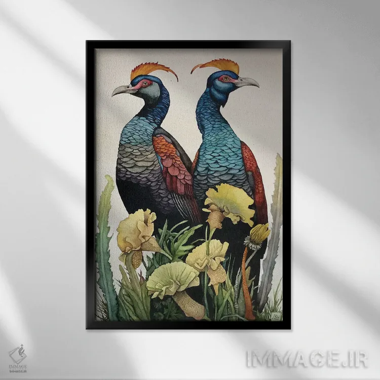 تابلو دکوراتیو "پرندگان تاج دار زرد" اثر لیزا لنون - نمای قابدار مشکی