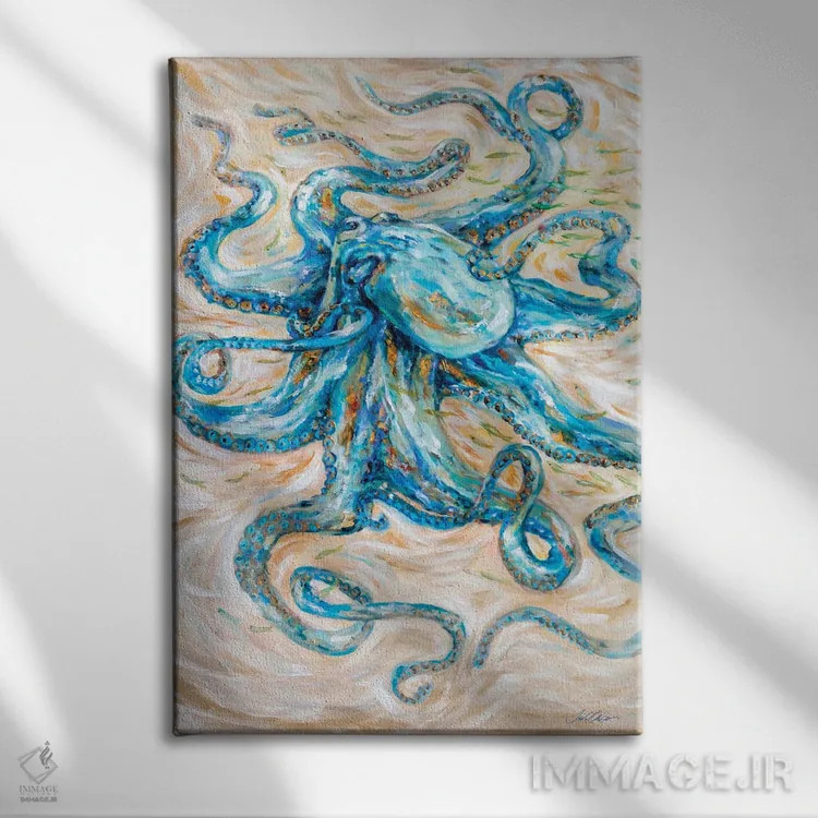 تابلو دکوراتیو "هشت پا فیروزه ای" اثر لیندا اولسن - نمای روبهرو روی دیوار