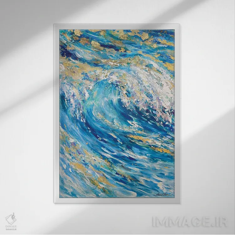 تابلو انتزاعی "موج طلایی" اثر لیندا اولسن - نمای قابدار سفید