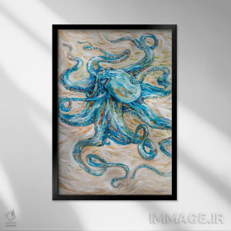 تابلو دکوراتیو "هشت پا فیروزه ای" اثر لیندا اولسن - نمای قابدار مشکی