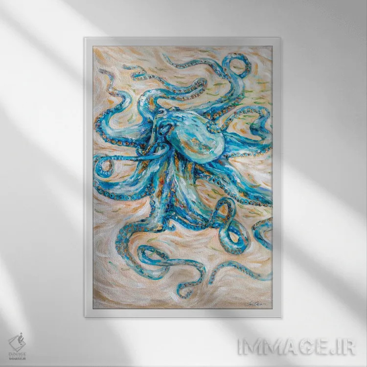 تابلو دکوراتیو "هشت پا فیروزه ای" اثر لیندا اولسن - نمای قابدار سفید