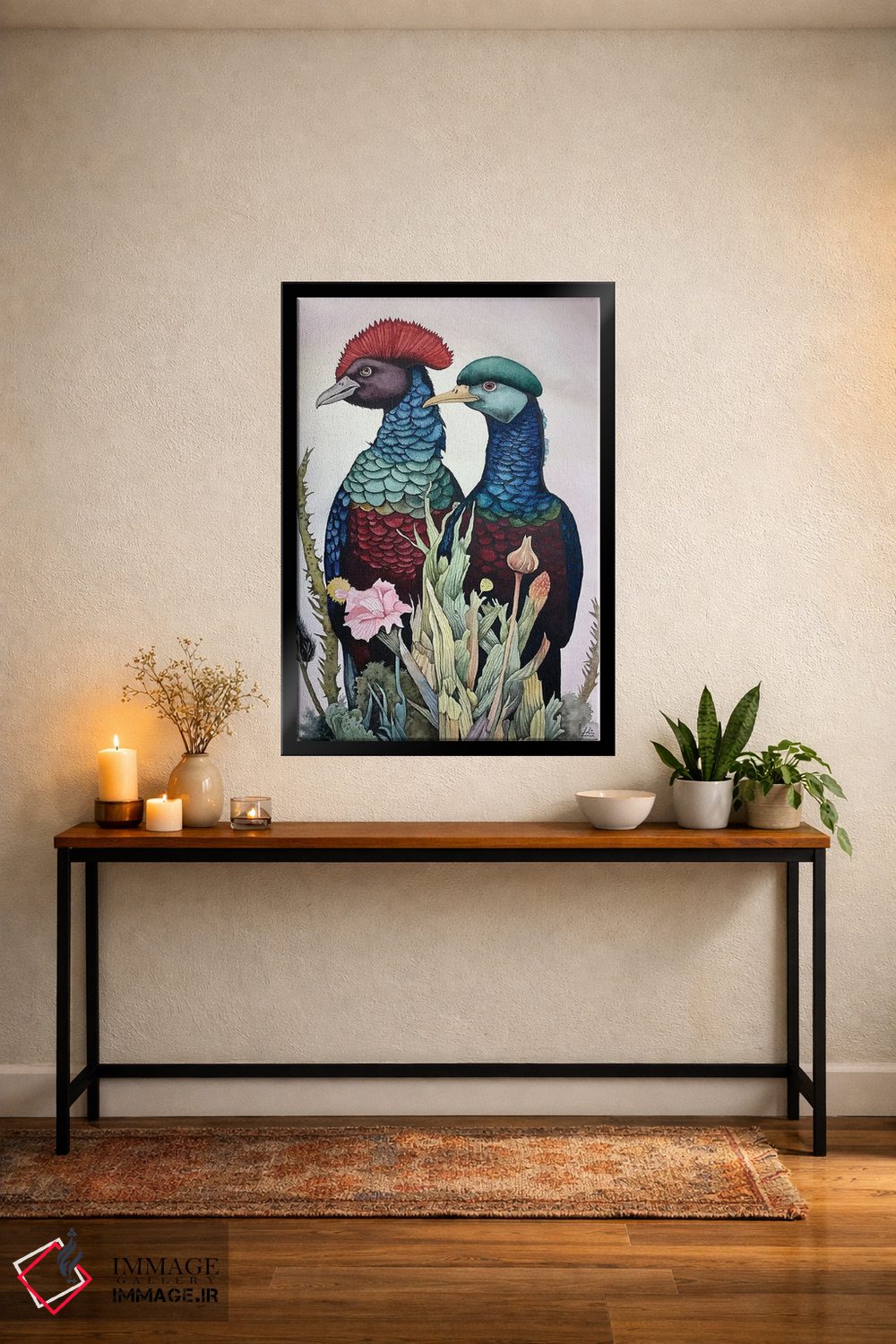 تابلو دکوراتیو "پرندگان تاج دار قرمز و آبی" اثر لیزا لنون - D5B