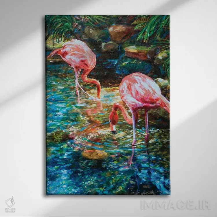 تابلو دکوراتیو فلامینگوها اثر لیندا اولسن - نمای روبهرو روی دیوار