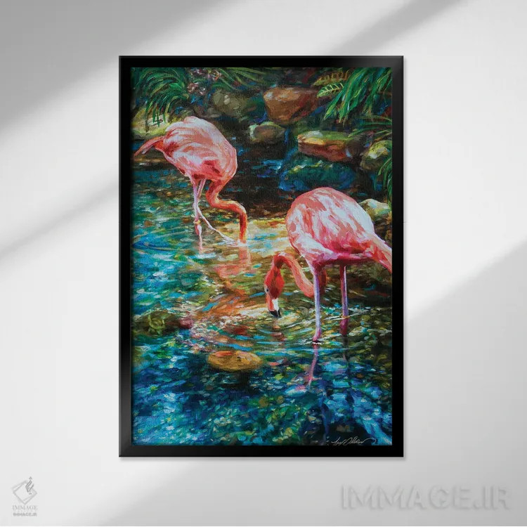 تابلو دکوراتیو فلامینگوها اثر لیندا اولسن - نمای قابدار مشکی
