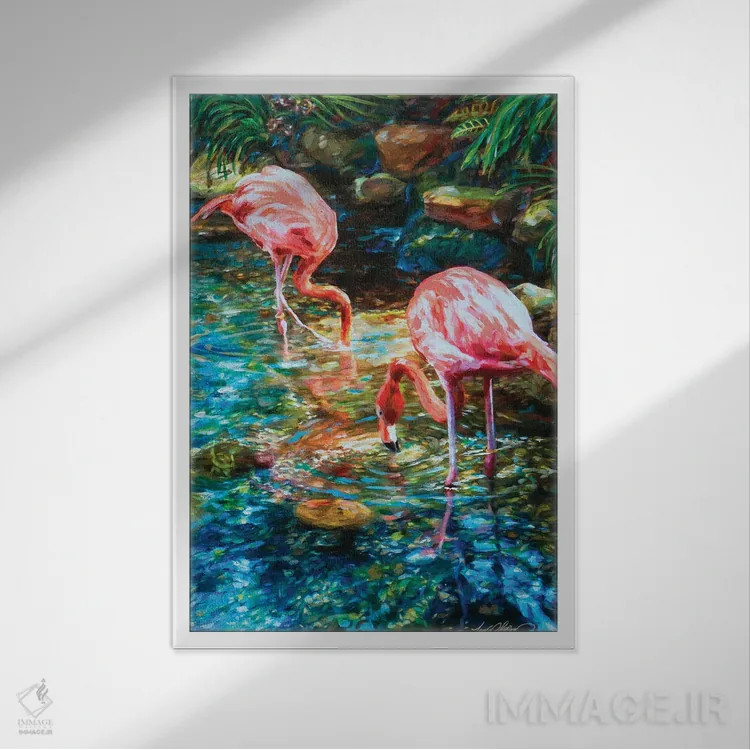 تابلو دکوراتیو فلامینگوها اثر لیندا اولسن - نمای قابدار سفید