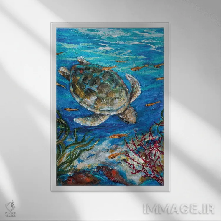 تابلو دکوراتیو غواصی لاک پشت دریایی اثر لیندا اولسن - نمای قابدار سفید