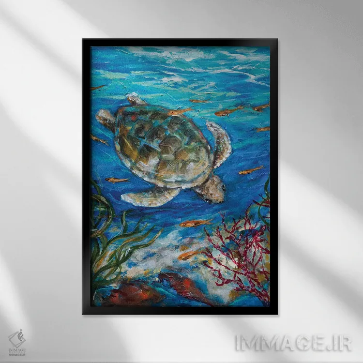 تابلو دکوراتیو غواصی لاک پشت دریایی اثر لیندا اولسن - نمای قابدار مشکی