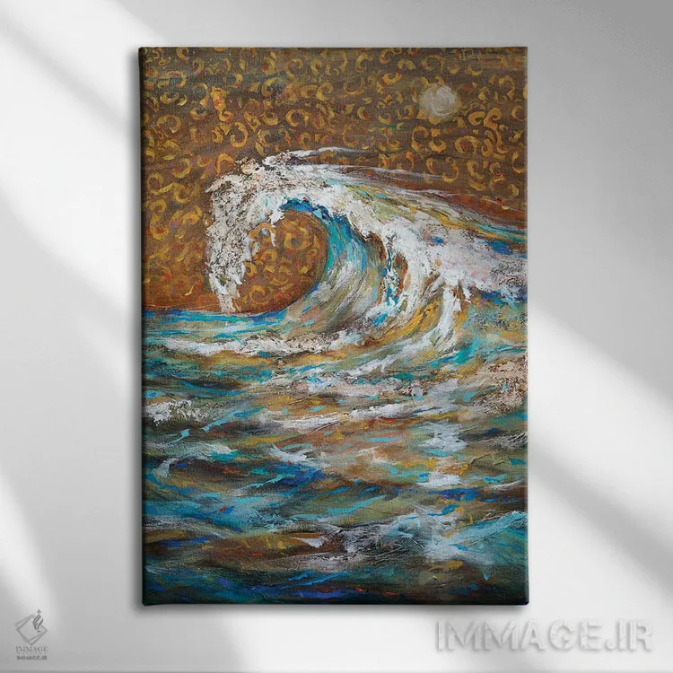 تابلو انتزاعی موجی که باد آن را می تازد اثر لیندا اولسن - نمای روبهرو روی دیوار