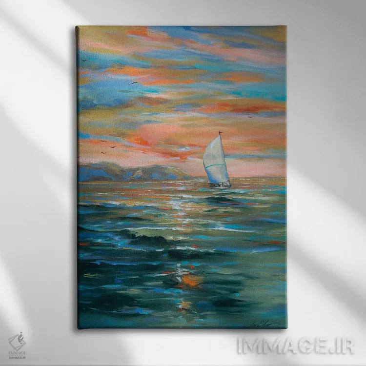 تابلو انتزاعی قایقرانی به دور اثر لیندا اولسن - نمای روبهرو روی دیوار