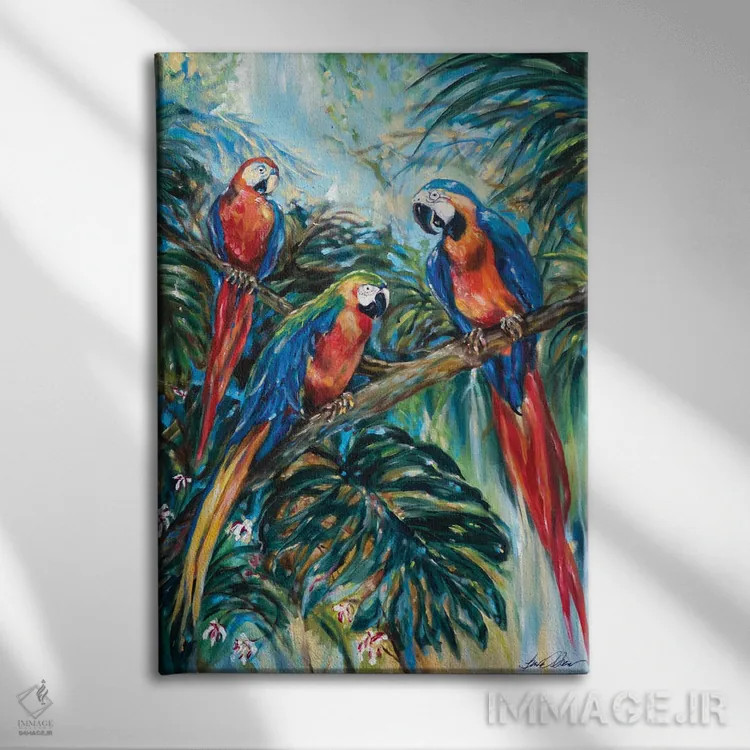 تابلو دکوراتیو گروه کر طوطی ها اثر لیندا اولسن - نمای روبهرو روی دیوار