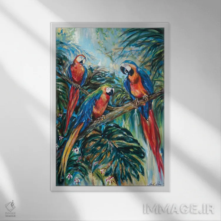 تابلو دکوراتیو گروه کر طوطی ها اثر لیندا اولسن - نمای قابدار سفید