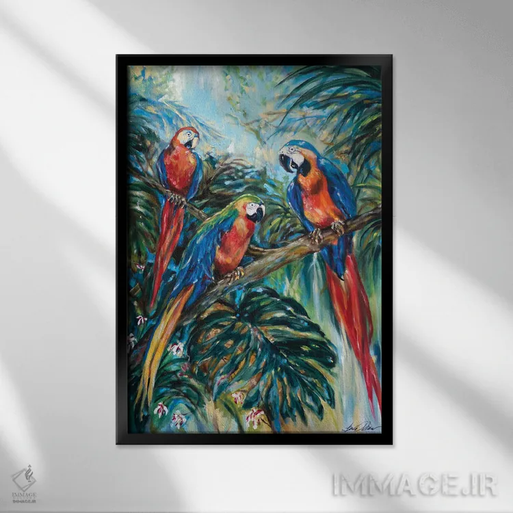 تابلو دکوراتیو گروه کر طوطی ها اثر لیندا اولسن - نمای قابدار مشکی