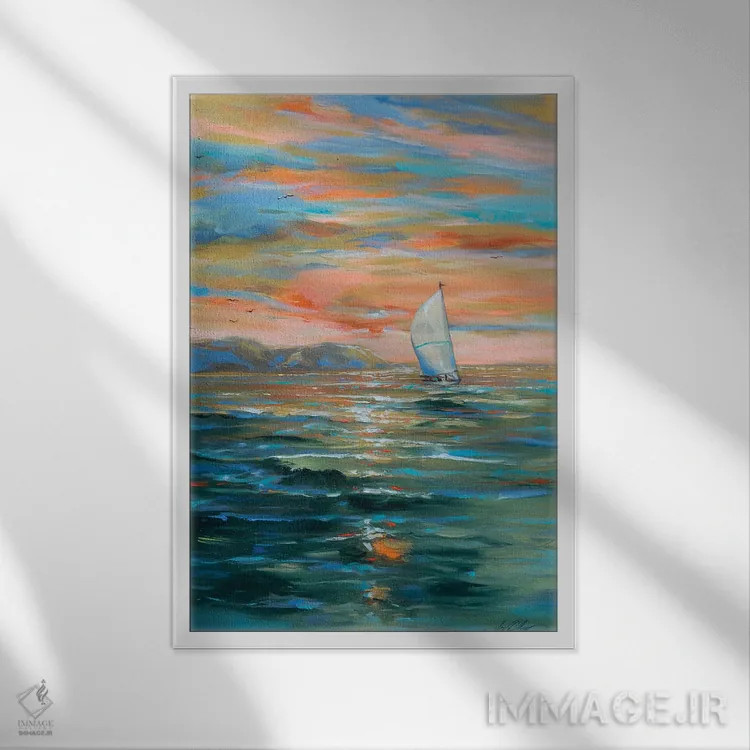 تابلو انتزاعی قایقرانی به دور اثر لیندا اولسن - نمای قابدار سفید