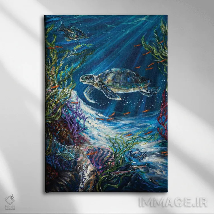 تابلو دکوراتیو لاک پشت صخره مرجانی اثر لیندا اولسن - نمای روبهرو روی دیوار