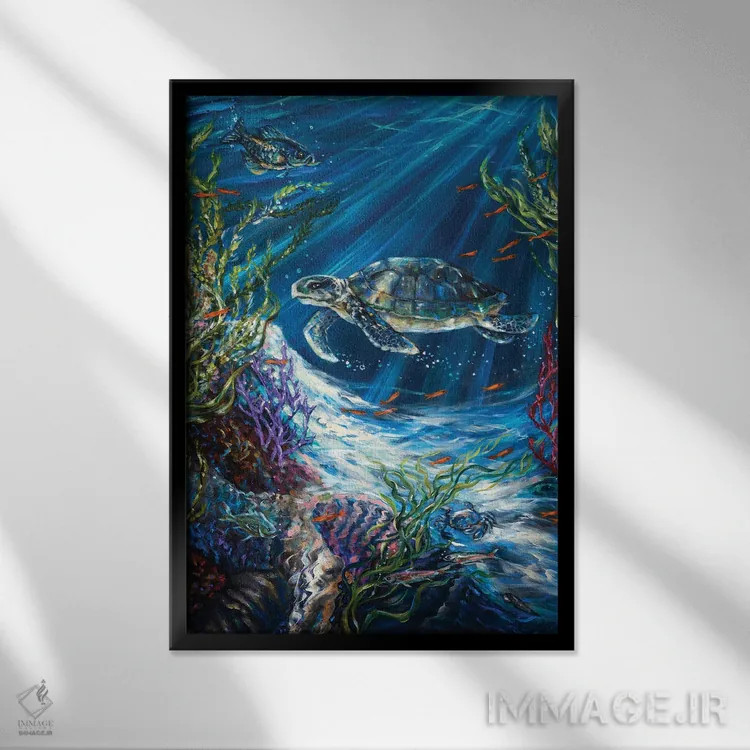 تابلو دکوراتیو لاک پشت صخره مرجانی اثر لیندا اولسن - نمای قابدار مشکی