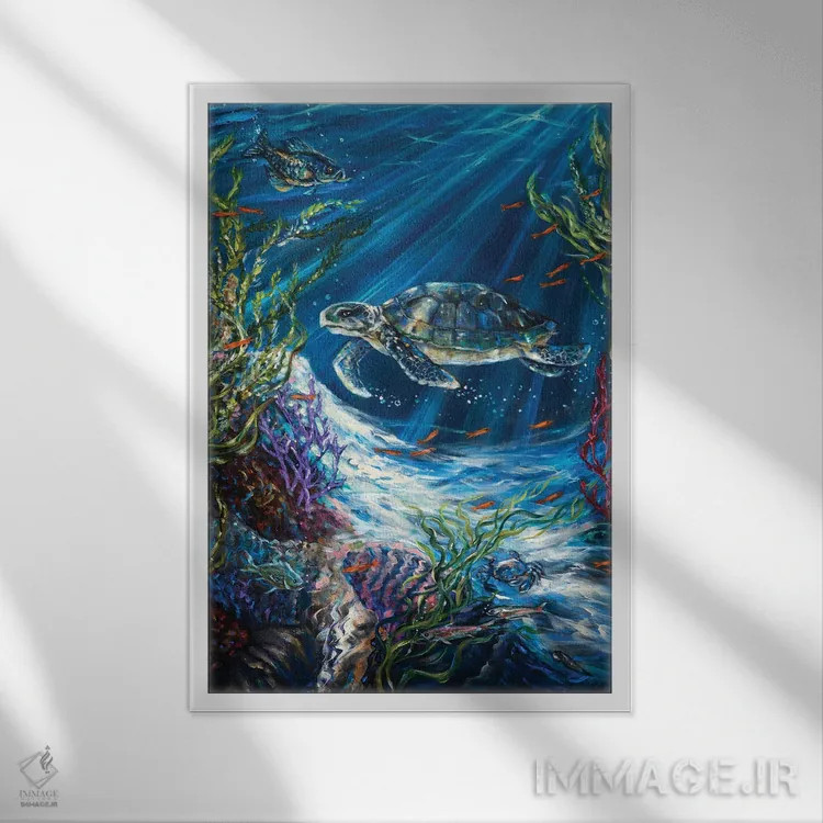 تابلو دکوراتیو لاک پشت صخره مرجانی اثر لیندا اولسن - نمای قابدار سفید