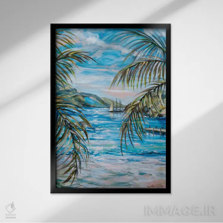 تابلو دکوراتیو صبح در خلیج لاک پشت ها اثر لیندا اولسن - نمای قابدار مشکی