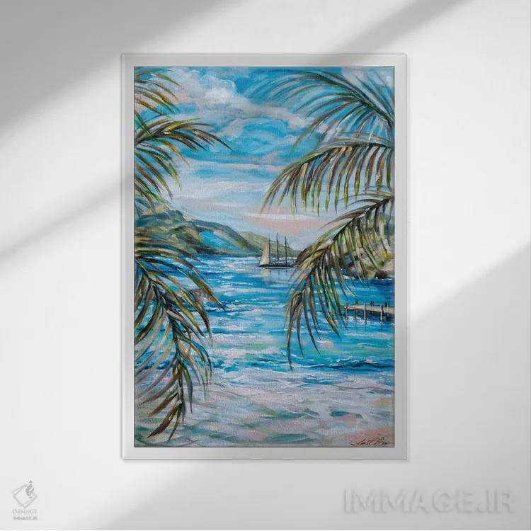 تابلو دکوراتیو صبح در خلیج لاک پشت ها اثر لیندا اولسن - نمای قابدار سفید