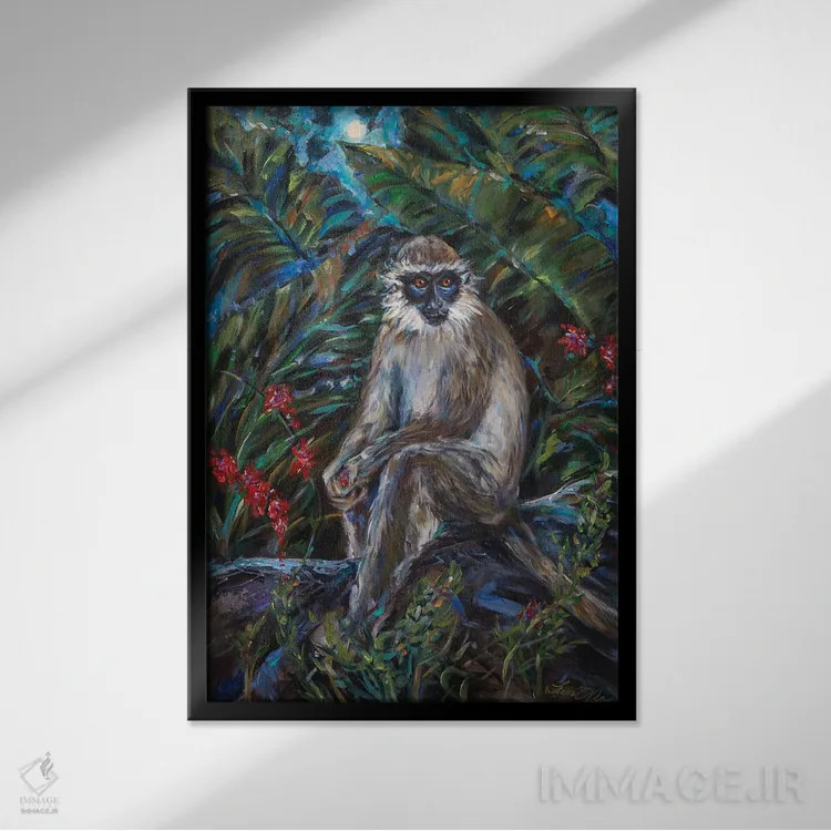 تابلو دکوراتیو مهتاب میمون ها اثر لیندا اولسن - نمای قابدار مشکی