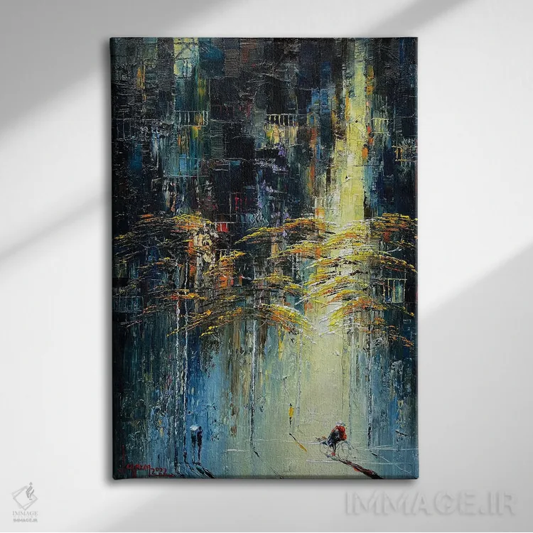 تابلو انتزاعی "رقص پاییزی آفتابی" اثر له نگوک کوآن - نمای روبهرو روی دیوار