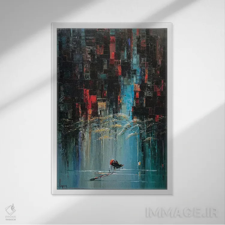 تابلو انتزاعی "باران بهاری در خیابان" اثر له نگوک کوآن - نمای قابدار سفید