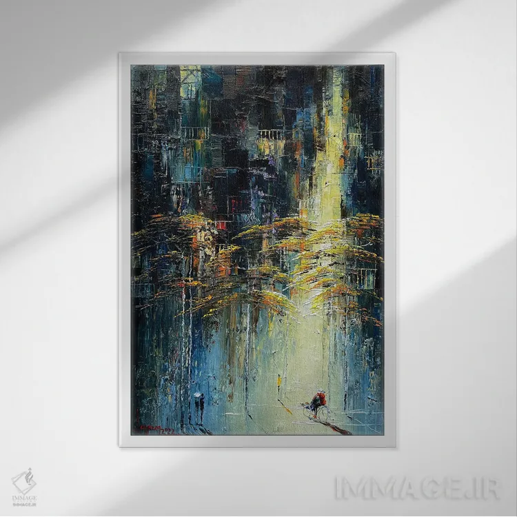 تابلو انتزاعی "رقص پاییزی آفتابی" اثر له نگوک کوآن - نمای قابدار سفید