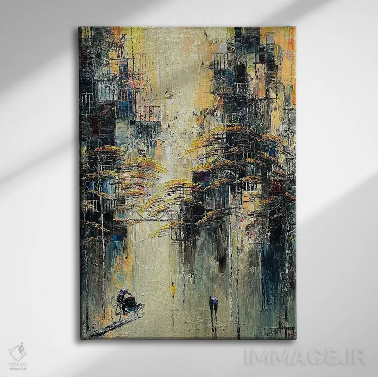 تابلو انتزاعی "کج بودن ابعادی" اثر له نگوک کوآن - نمای روبهرو روی دیوار