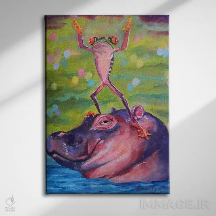 تابلو دکوراتیو قورباغه رقصنده روی سر اسب آبی اثر جین لانتسمن - نمای روبهرو روی دیوار