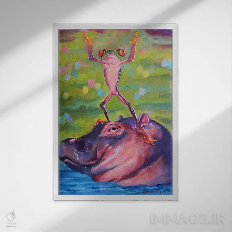تابلو دکوراتیو قورباغه رقصنده روی سر اسب آبی اثر جین لانتسمن - نمای قابدار سفید