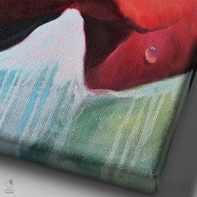 تابلو دکوراتیو گل رز قرمز با قطرات شبنم روی گلبرگ ها اثر جین لانتسمن - نمای نزدیک بافت بوم