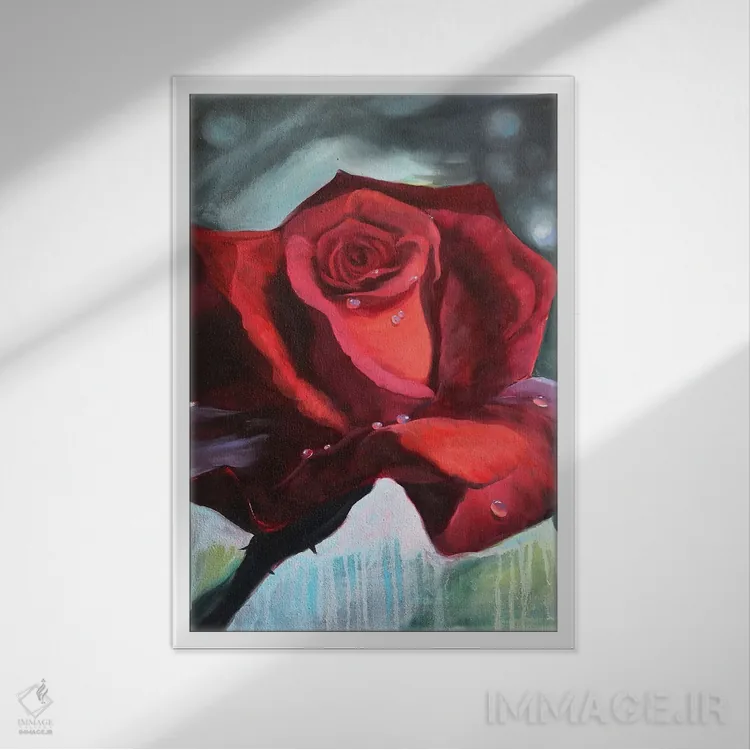 تابلو دکوراتیو گل رز قرمز با قطرات شبنم روی گلبرگ ها اثر جین لانتسمن - نمای قابدار سفید