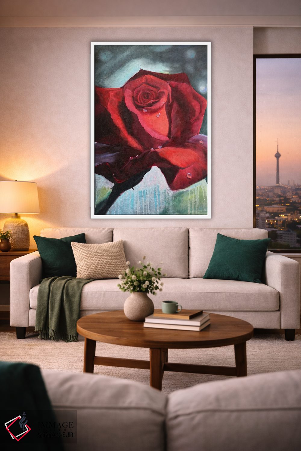 تابلو دکوراتیو گل رز قرمز با قطرات شبنم روی گلبرگ ها اثر جین لانتسمن - D1W