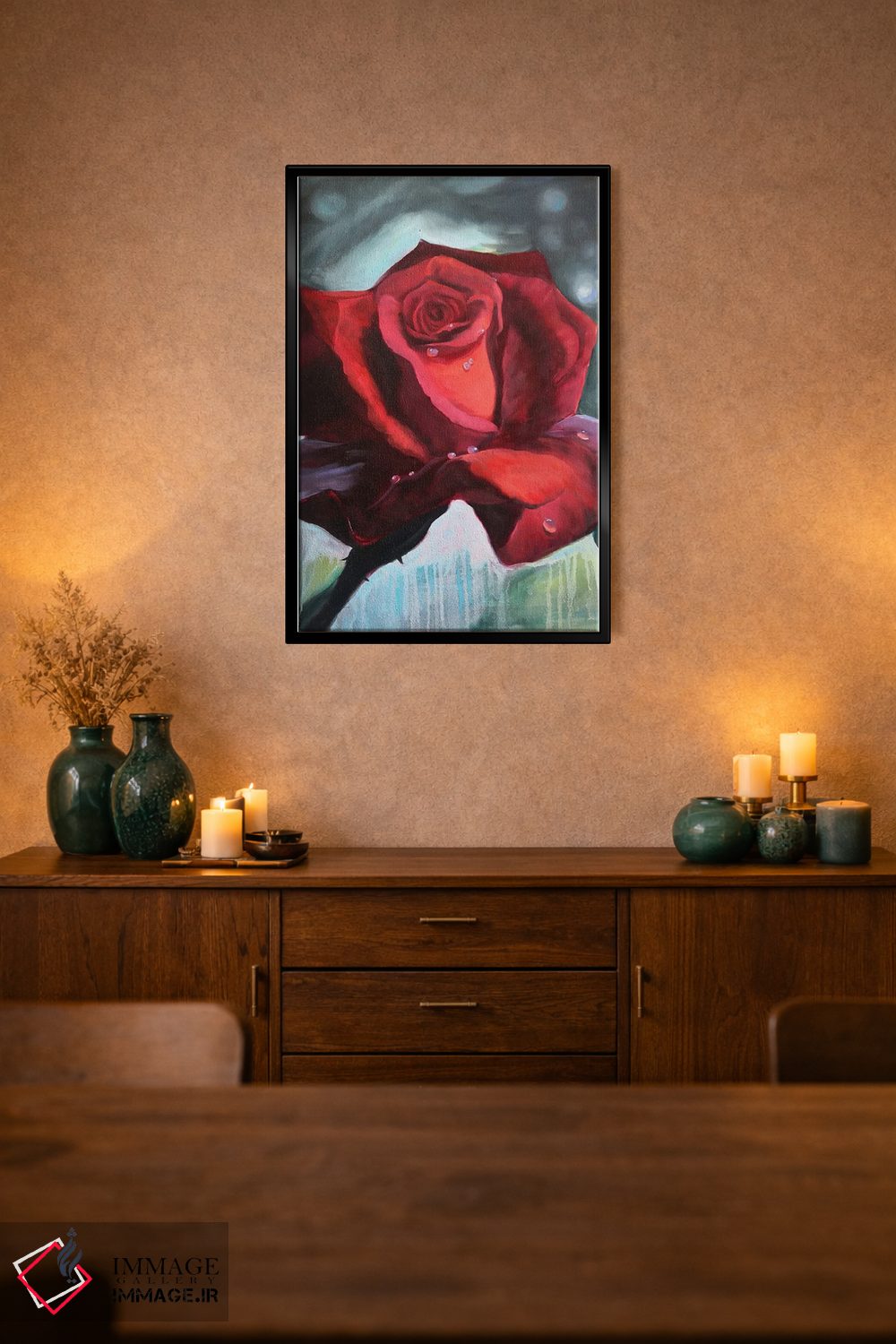 تابلو دکوراتیو گل رز قرمز با قطرات شبنم روی گلبرگ ها اثر جین لانتسمن - D2B