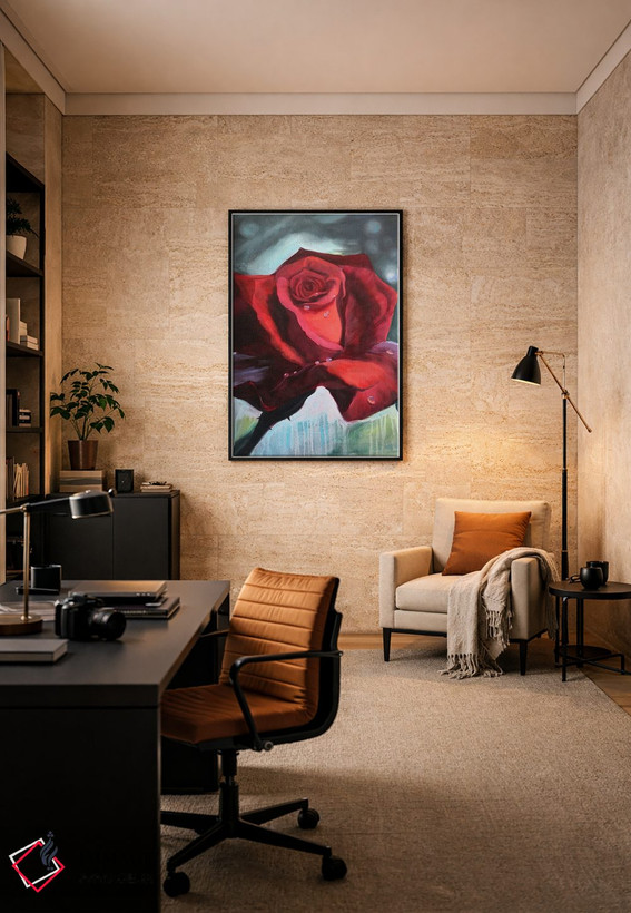 تابلو دکوراتیو گل رز قرمز با قطرات شبنم روی گلبرگ ها اثر جین لانتسمن - D6B