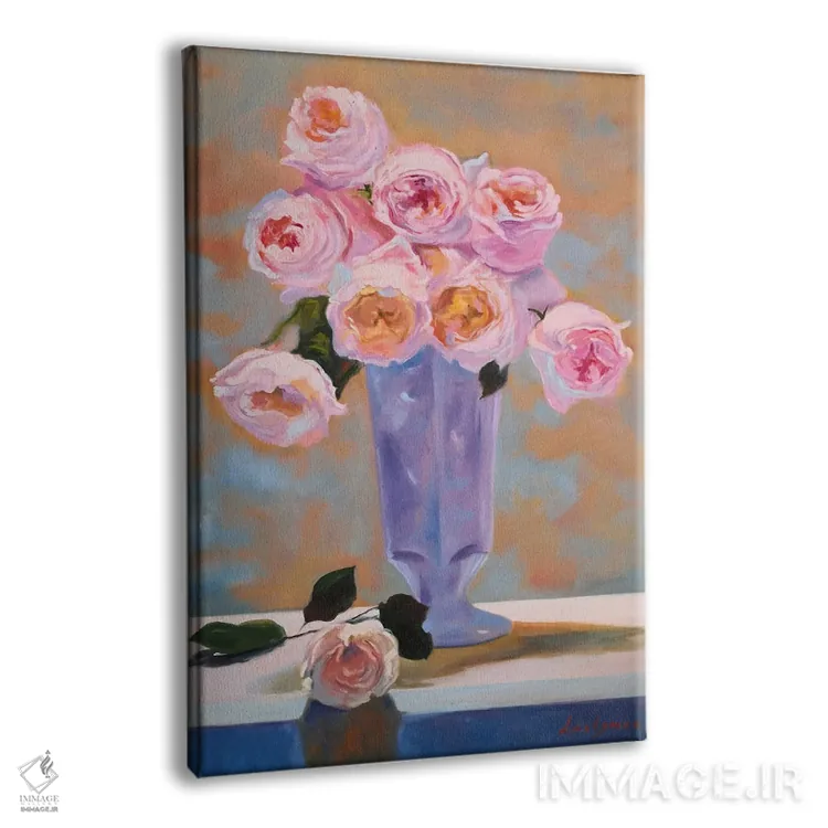 تابلو دکوراتیو گل های رز صورتی ظریف در گلدان، طبیعت بی جان اثر جین لانتسمن - نمای پرسپکتیو محصول