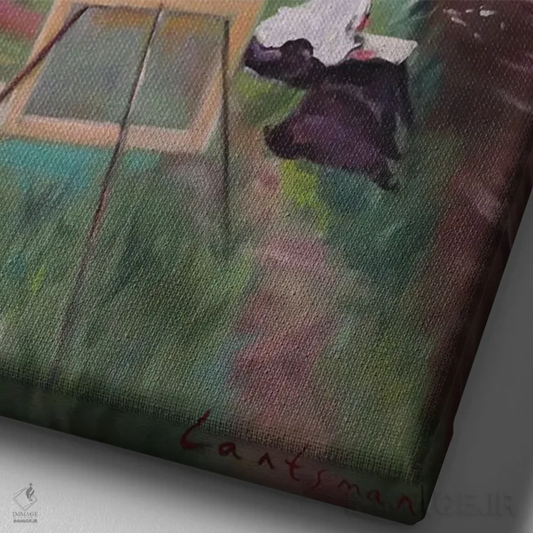 تابلو دکوراتیو منظره افراد و طبیعت با خانم و هنرمند اثر جین لانتسمن - نمای نزدیک بافت بوم