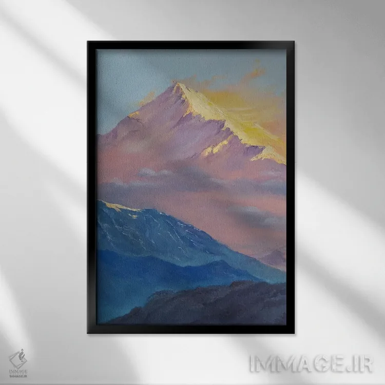 تابلو دکوراتیو طلوع خورشید در منظره کوهستان برفی اثر جین لانتسمن - نمای قابدار مشکی