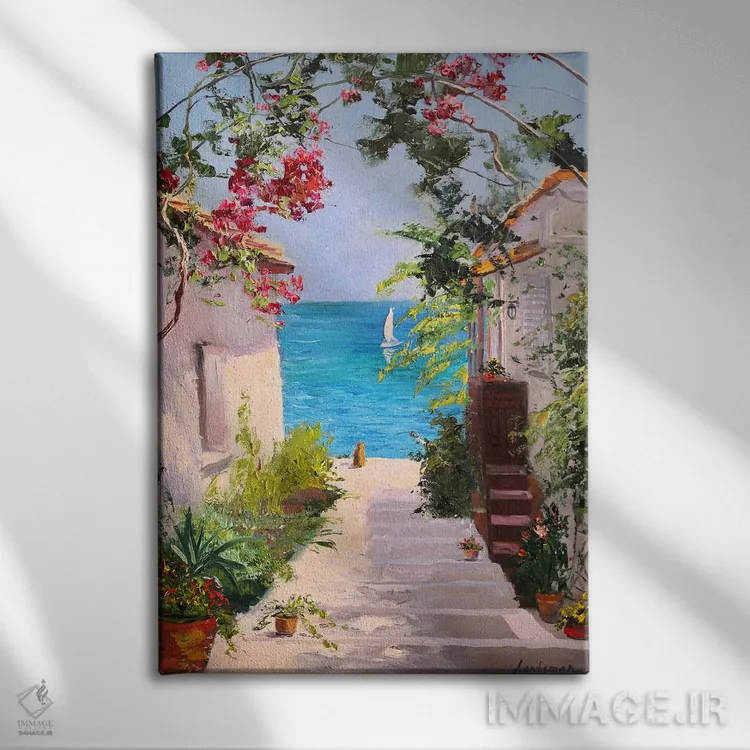 تابلو دکوراتیو منظره دریا با گربه قرمز که به دریا نگاه می کند اثر جین لانتسمن - نمای روبهرو روی دیوار