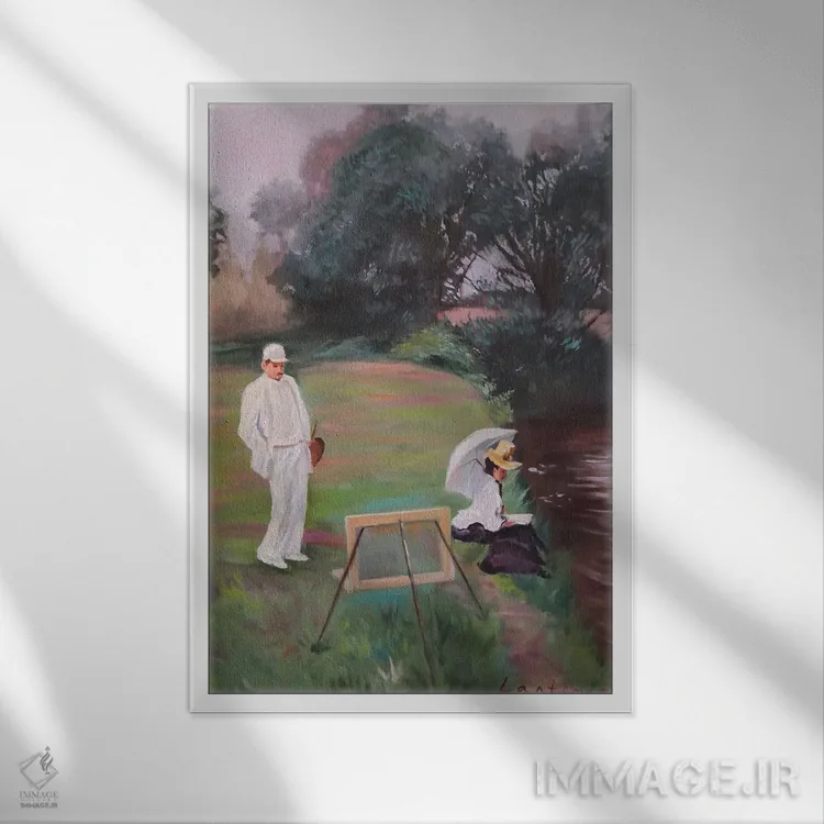 تابلو دکوراتیو منظره افراد و طبیعت با خانم و هنرمند اثر جین لانتسمن - نمای قابدار سفید