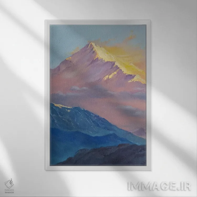 تابلو دکوراتیو طلوع خورشید در منظره کوهستان برفی اثر جین لانتسمن - نمای قابدار سفید