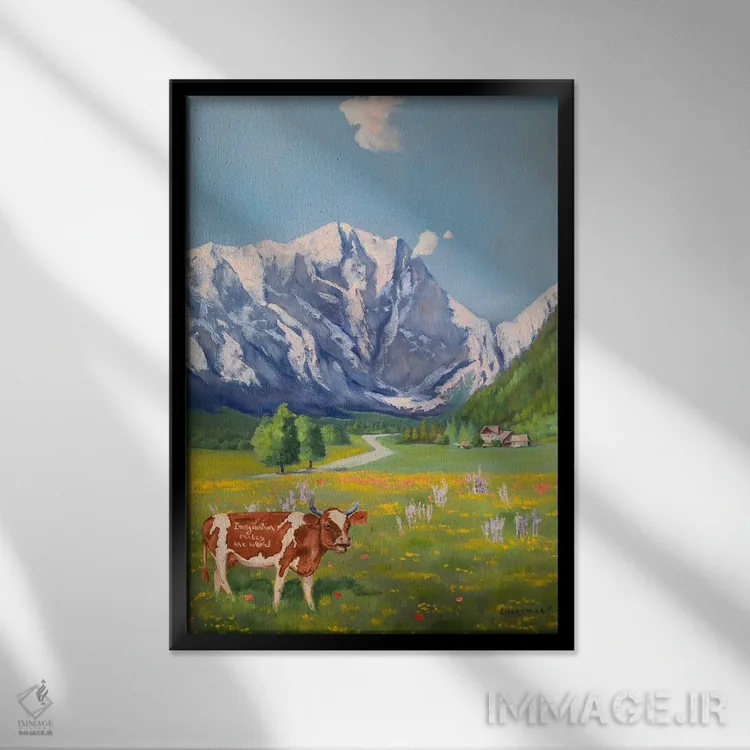 تابلو دکوراتیو گاوی در منظره کوه های سوئیس اثر جین لانتسمن - نمای قابدار مشکی