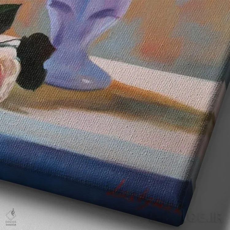 تابلو دکوراتیو گل های رز صورتی ظریف در گلدان، طبیعت بی جان اثر جین لانتسمن - نمای نزدیک بافت بوم