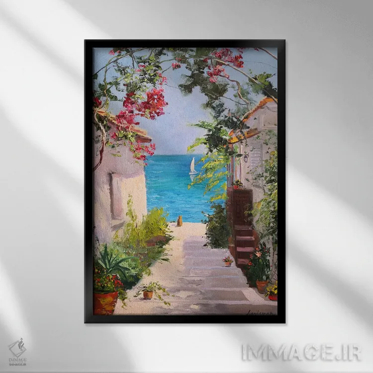 تابلو دکوراتیو منظره دریا با گربه قرمز که به دریا نگاه می کند اثر جین لانتسمن - نمای قابدار مشکی