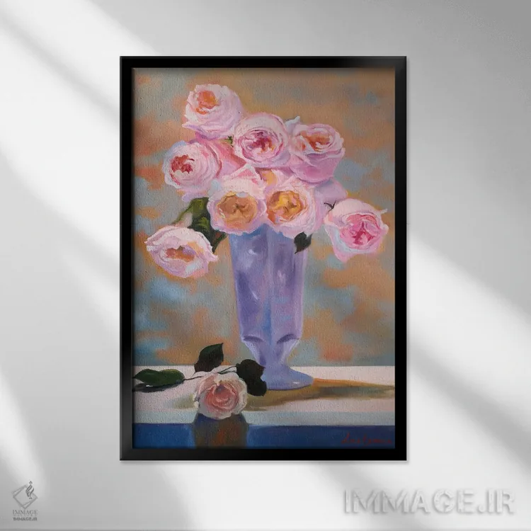 تابلو دکوراتیو گل های رز صورتی ظریف در گلدان، طبیعت بی جان اثر جین لانتسمن - نمای قابدار مشکی