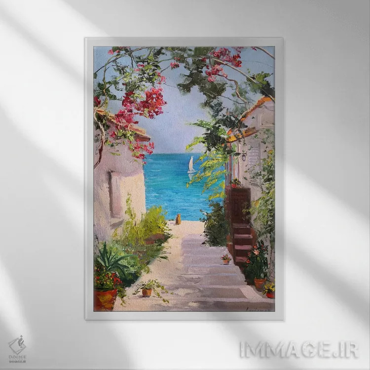 تابلو دکوراتیو منظره دریا با گربه قرمز که به دریا نگاه می کند اثر جین لانتسمن - نمای قابدار سفید