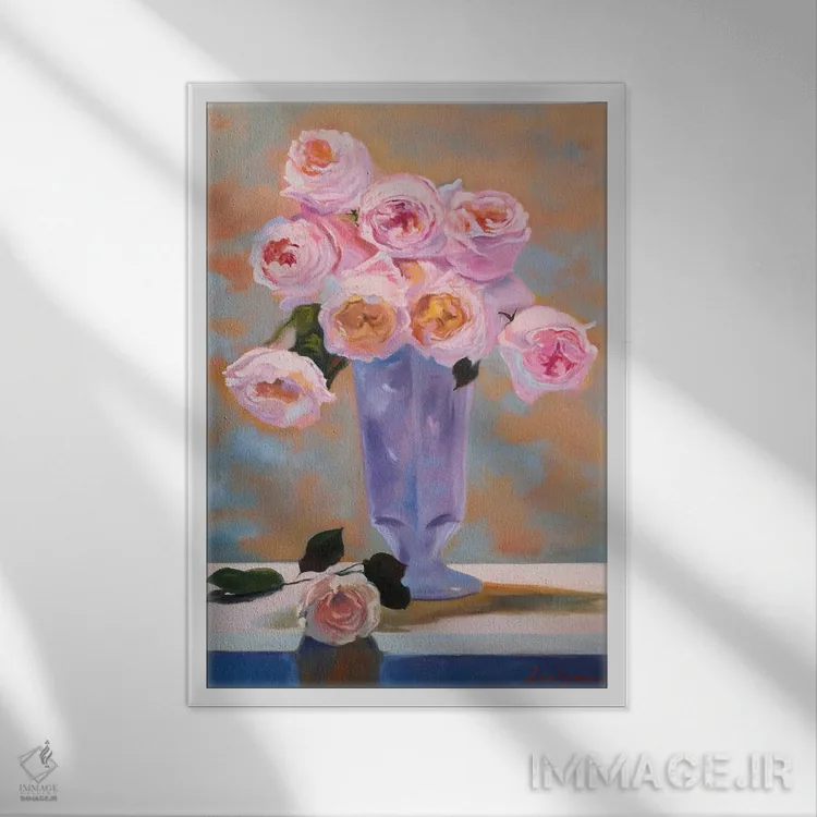 تابلو دکوراتیو گل های رز صورتی ظریف در گلدان، طبیعت بی جان اثر جین لانتسمن - نمای قابدار سفید