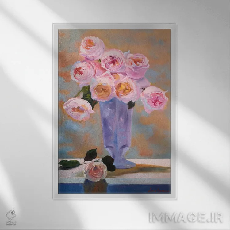 تابلو دکوراتیو گل های رز صورتی ظریف در گلدان، طبیعت بی جان اثر جین لانتسمن - نمای قابدار سفید